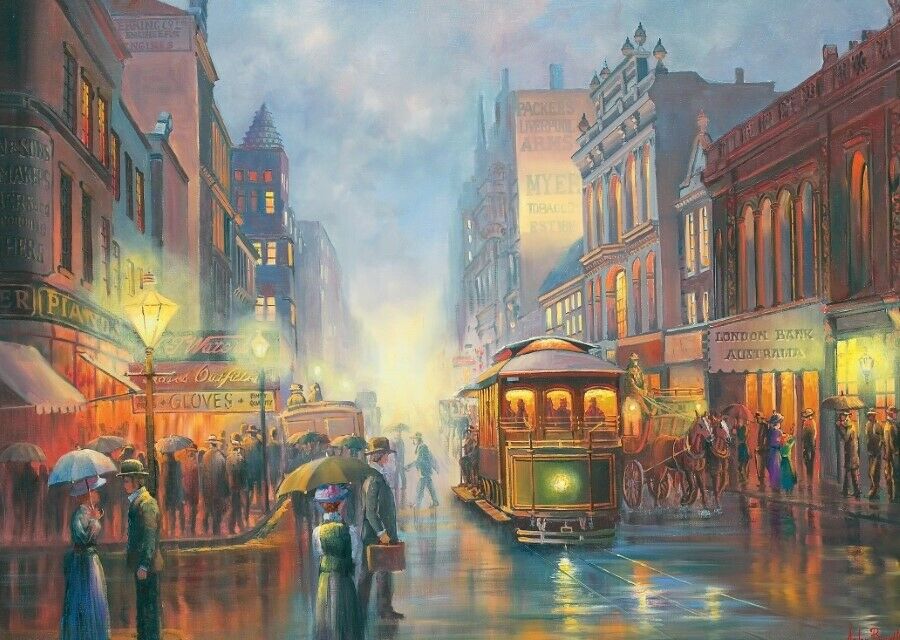 JOHN BRADLEY - Trams in Gaslight 1000 Piece Jigsaw Puzzle Blue Opal