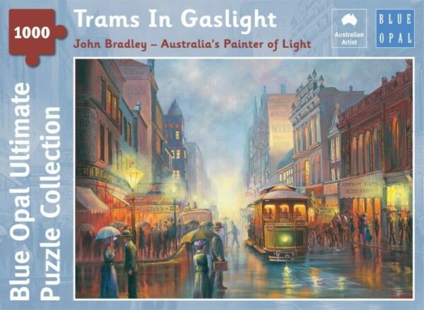 John Bradley - Trams in Gaslight 1000 Piece Jigsaw Puzzle - Blue Opal