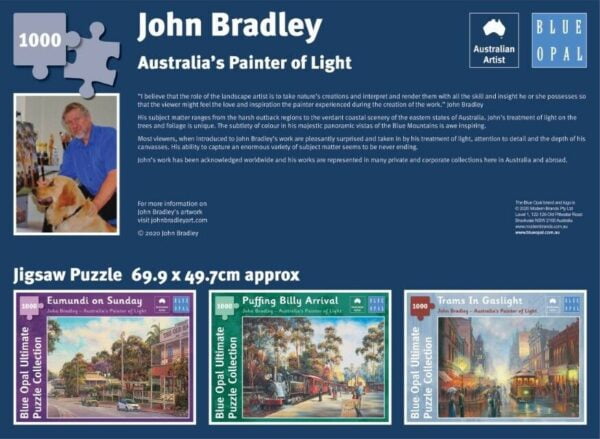 John Bradley - Puffing Billy Arrival 1000 Piece Jigsaw Puzzle - Blue Opal