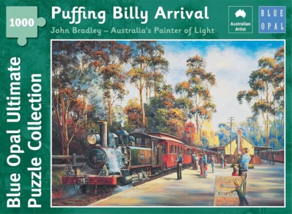 John Bradley - Puffing Billy Arrival 1000 Piece Jigsaw Puzzle - Blue Opal