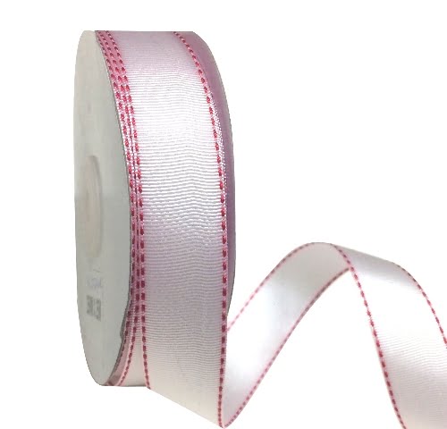 Gift Wrap Ribbon - White with Red Stitch