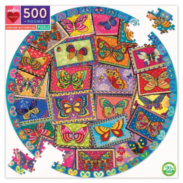 Vintage Butterfly Round 500 Piece Jigsaw Puzzle - eeBoo