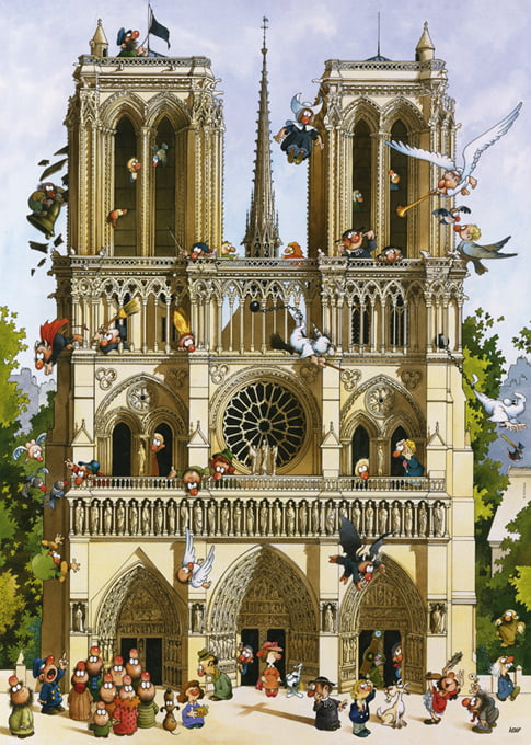 Vive Notre Dame! She almost fell victim to the flames, but fortunately in Loup's cartoon classic, the splendid church in Paris is still intact