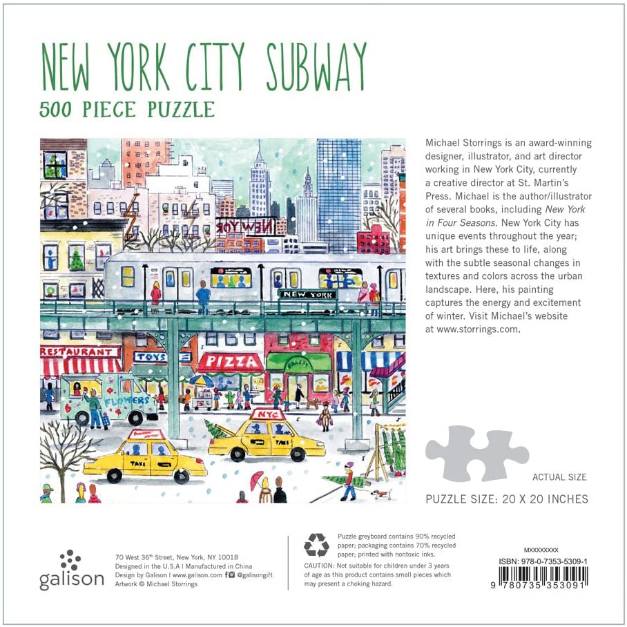 and Skyline Piece Together a Lively New York City Holiday Scene with Subway Fun and Challenging 500 Pieces Galison Michael Storrings New York City Subway Puzzle Taxis 20”x20” 
