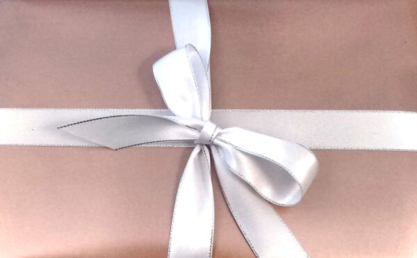 Rose Gold Paper with White and Silver Rimmed Ribbon