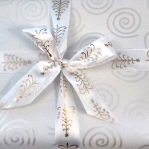 Silver Swirls with White Gold Christmas trees Ribbon