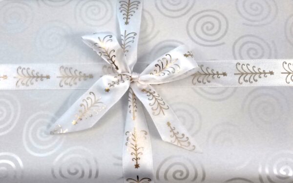 Silver Swirls with White Gold Christmas trees Ribbon