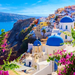Santorini View with Flowers