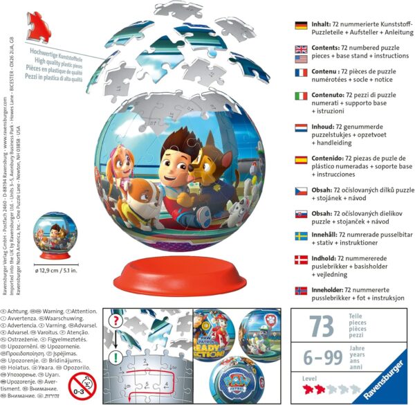 Ravensburger 3D Puzzle Ball, Paw Patrol 72 Pieces - Image 3