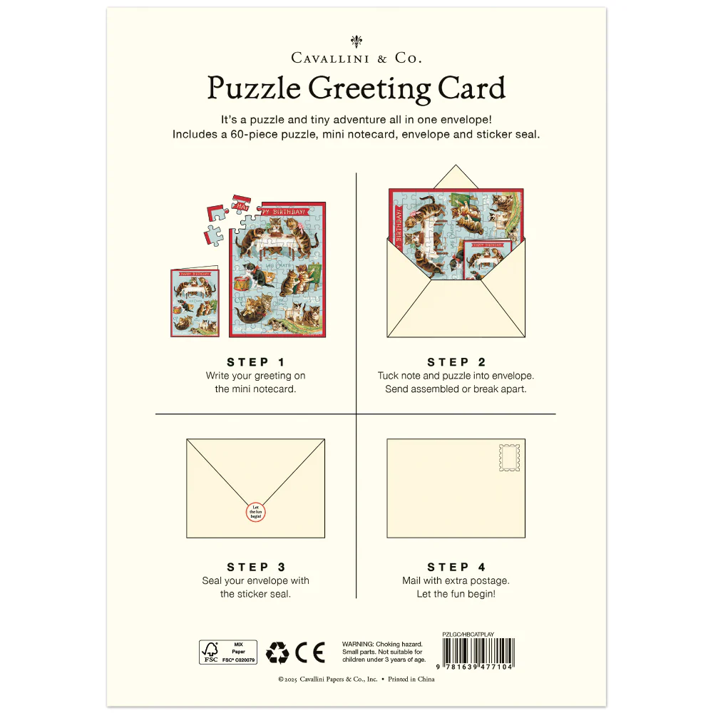 Cavallini - Puzzle Greeting Card - Happy Birthday Cat's Party 60 Piece & Envelope - Image 2