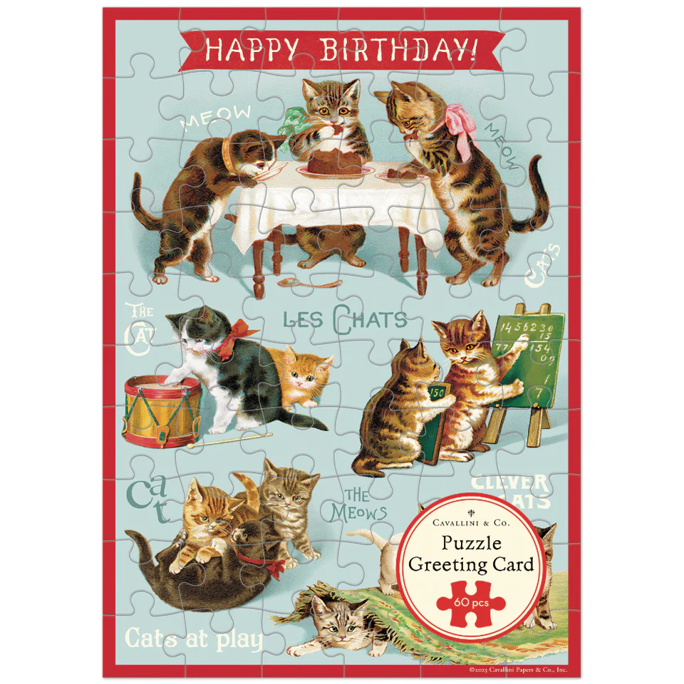 Cavallini - Puzzle Greeting Card - Happy Birthday Cat's Party 60 Piece & Envelope