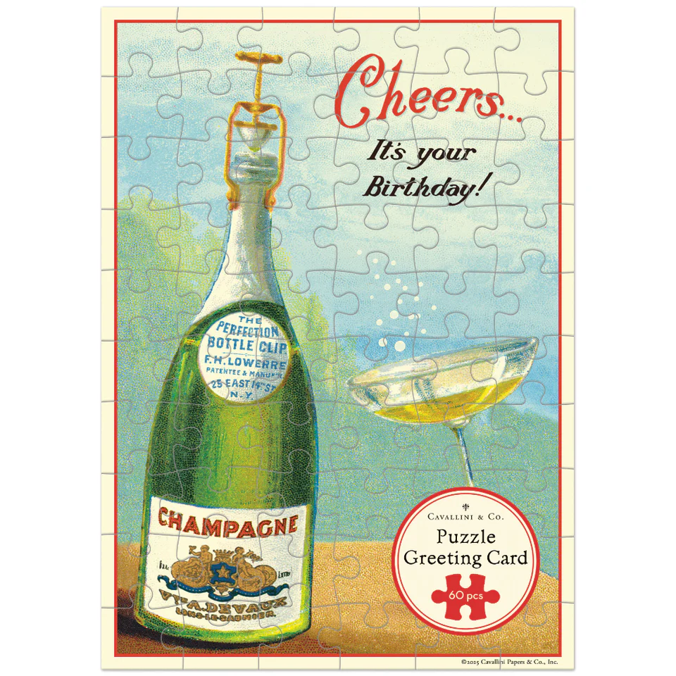 Cavallini - Puzzle Greeting Card - Happy Birthday - Champagne 60 Piece & Envelope